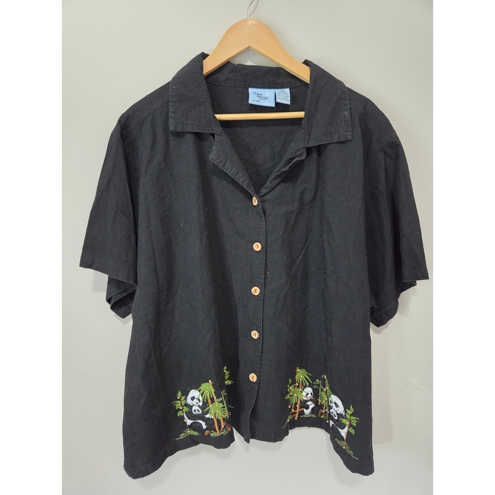 Jane Ashley Woman Black Cotton Panda Bamboo Embroidered Button Down Shirt 3X